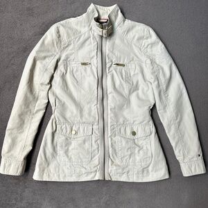 Y2K Tommy Hilfiger Women's Rain Jacket Lightweight Ivory Zip-Up Small Retro